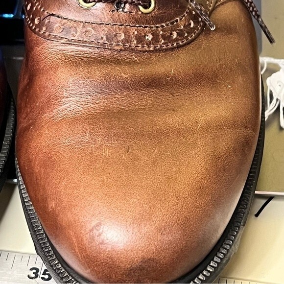 Men’s Golf Shoe Oxford Sz 10 1/2 M Bn Leather Soft Spikes Plain Toe Flaw FootJoy - Picture 13 of 15